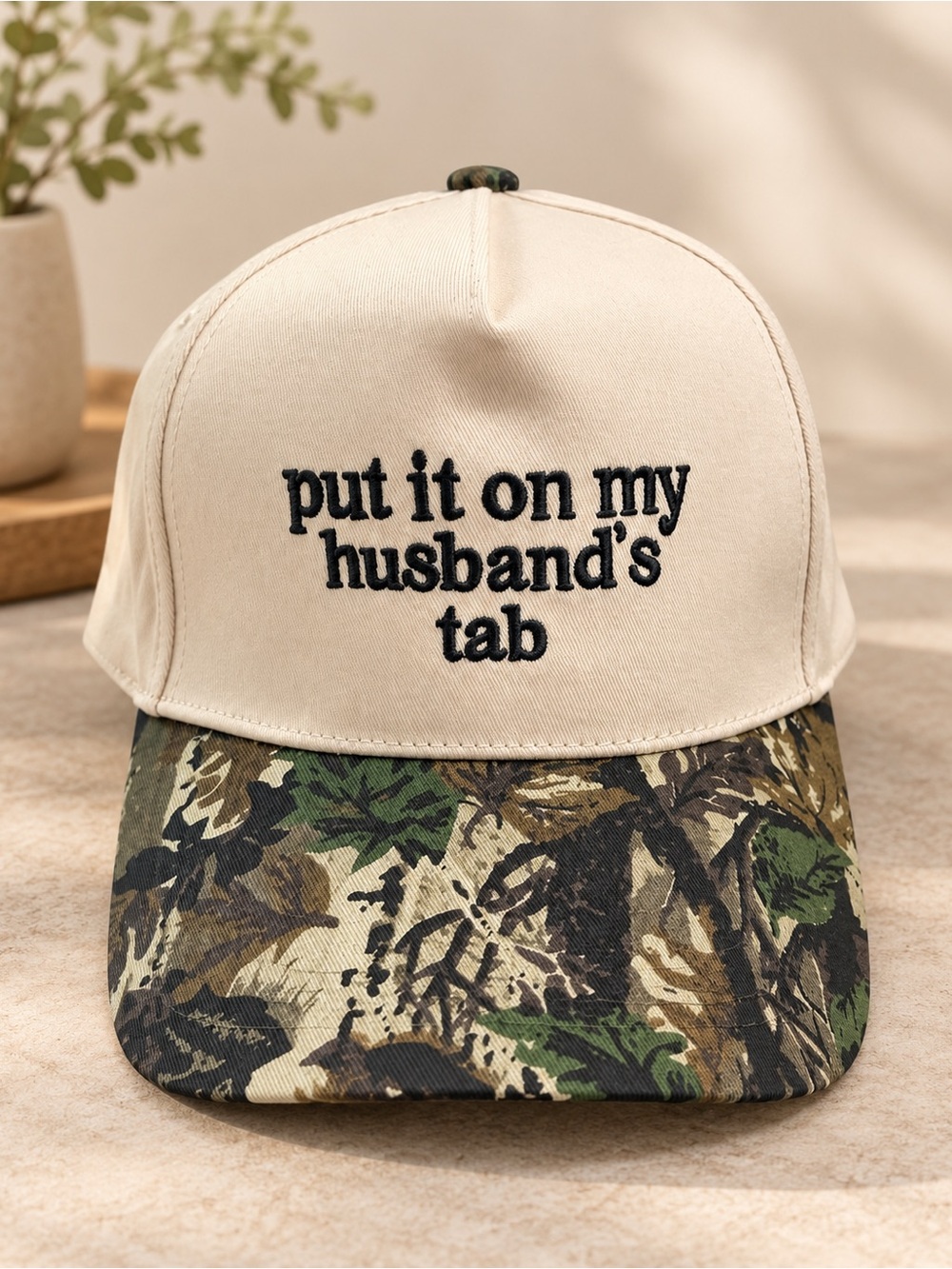 Beige and Camo Brim Trucker Hat